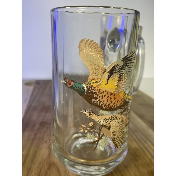 VTG Painted Glass 2 Beer Mugs Pheasant Grouse Hunting Game Birds MCM Man Cave - Picture 11 of 12